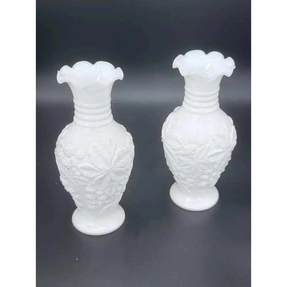 Pair Vintage Imperial Loganberry White Milk Glass Vases 6.25 Inch Ruffled
